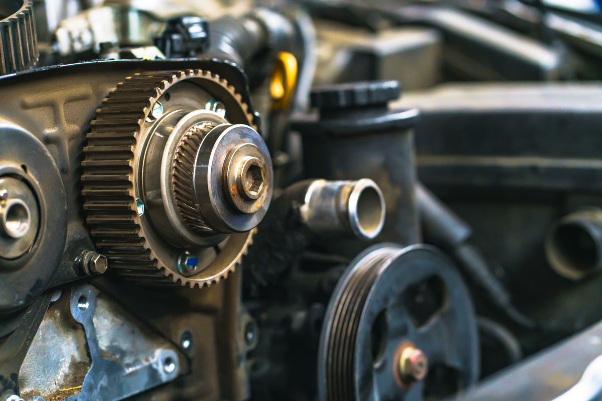 Engine timing gears and belt area during an engine repair